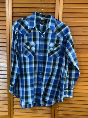 PLAINS Men's Blue Plaid Western Button-Down Shirt